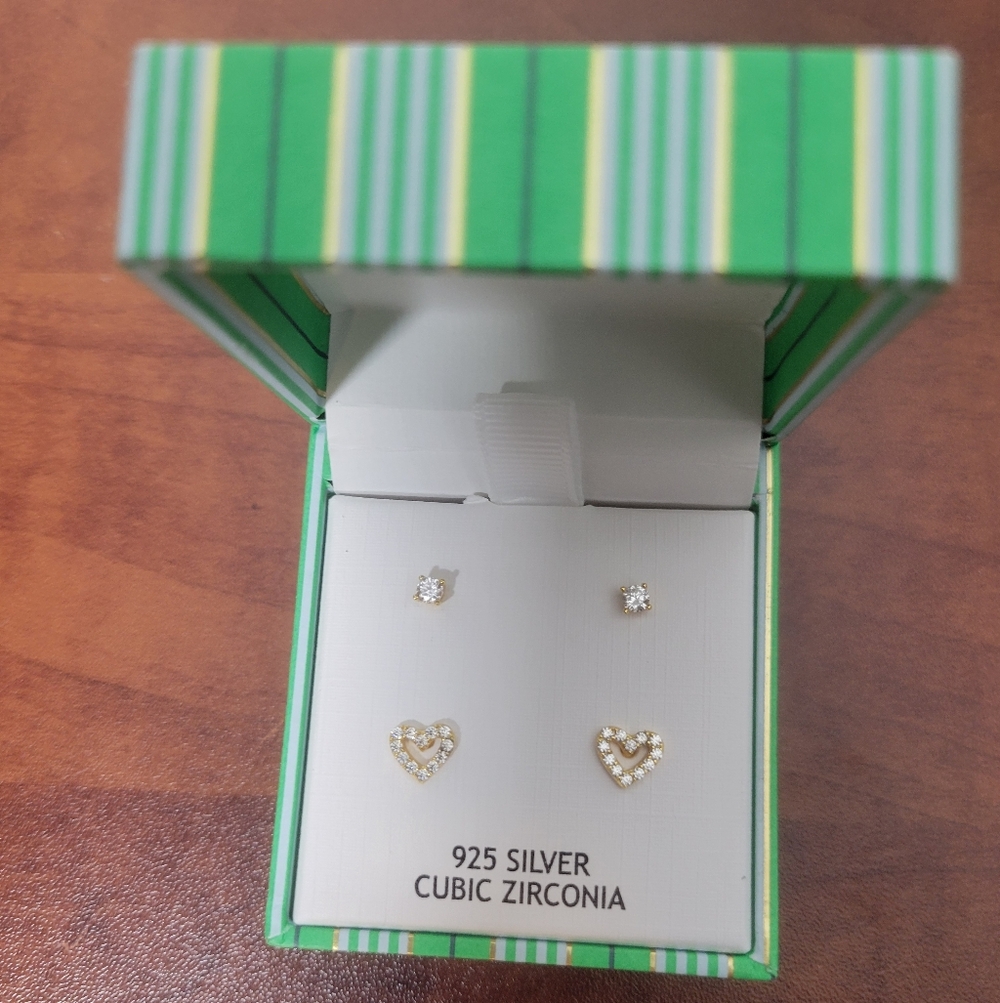 Nanette Lepore Silver Heart Stud Earrings with Cubic Zirconia NIB